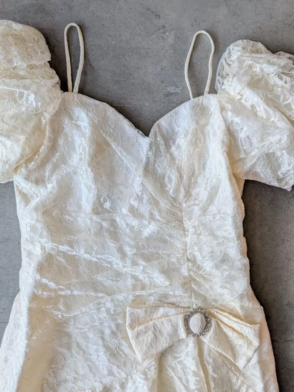 Vintage 80s Union Made Ivory Lace Off The Shoulder Midi Dress Party Wedding Prom